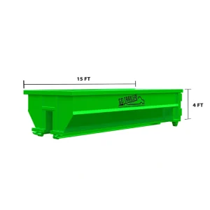 15-yard green dumpster with dimensions of 15 feet in length and 4 feet in height, featuring the GoTrailer Rolloffs logo, ideal for garage cleanouts and yard debris removal in Tucson, Arizona.